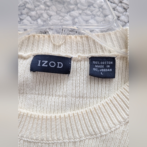 Izod Men's (Size L) Cream Cotton Crewneck Knit Sweater w/Textured Grid Design - Picture 13 of 15